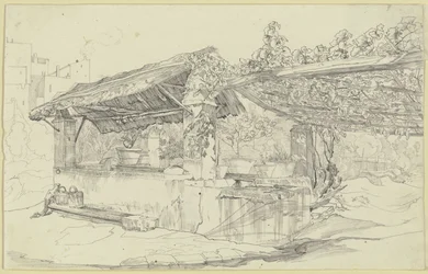 Casa de poço com telhado de palha e tanque de lavar junto a uma latada