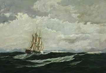 Paisagem marítima com navio de guerra em alto mar