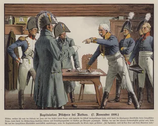 Marechal Blucher rende-se aos franceses em Katekau, 7 de Novembro de 1806 (cor litho)