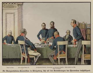 O Rei Frederick William III assiste a uma reunião da Comissão de Reorganização Militar Prussiana em Konigsberg (cor litho)