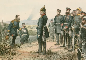 Guilherme I, Rei da Prússia e Imperador da Alemanha (1797-1888), recebendo a rendição de Napoleão III em 1870 após a Batalha de Sedan