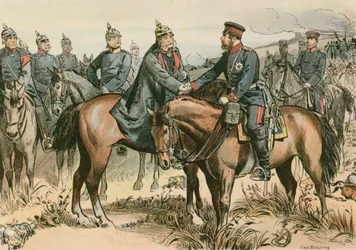 Guilherme I, rei da Prússia e primeiro imperador alemão (1797-1888) cumprimentando seu filho em Sadowa em 1866