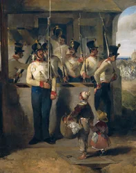 O guarda do escudo, gritando para dentro da espingarda ("Rifle out!")