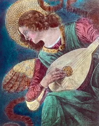 Anjo músico. Parte de um afresco do pintor renascentista italiano Melozzo da Forli, também conhecido como Michelozzo degli Ambrogi (1438 - 1494), pintado por volta de 1480. Data da imagem: cerca de 1900. Arquivo Carl Simon