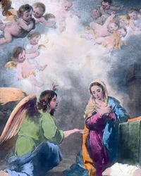Anunciação. Pintura do pintor barroco espanhol Bartolome Esteban Murillo (1617 - 1682) em 1655. Data da imagem: cerca de 1910. Arquivo Carl Simon