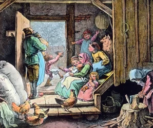 O inverno está a chegar com a primeira neve. Gravura (sem data) do pintor e artista gráfico alemão Fritz Richter (1904 - 1981). Data da imagem: cerca de 1930. Arquivo Carl Simon