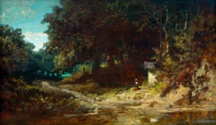Menina orando na frente de uma capela da floresta