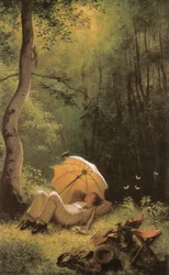 O pintor em uma clareira na floresta