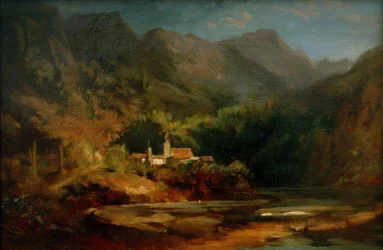 Aldeia em um lago no vale da montanha