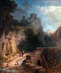 Paisagem montanhosa com ponte e castelo