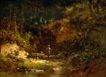Garota na fonte da floresta