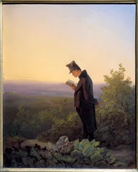 Leitura do Breviário à noite Um homem lendo a Bíblia em uma paisagem romântica. Pintura de Karl Spitzweg (1808-1885) n 1845 Sol. 0,29x0,23 m