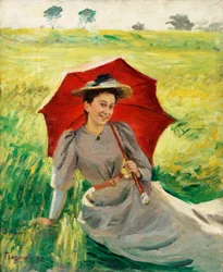 Senhora com guarda-chuva vermelho