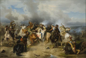 La mort du roi Gustave II Adolphe de Suede (1594-1632) dit le Grand ou le Lion du Nord, a la bataille de Lutzen, le 6 novembre 1632 - Morte do Rei Gustav II Adolfo da Suécia na Batalha de Luetzen em 6 de Novembro de 1632, por Wahlbom, Carl (1810-1858). Óle