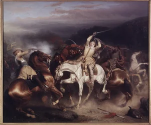 Rei Gustav II Adolfo da Suécia, chamado o Grande ou o Leão do Norte, na Batalha de Trzciana (ou Batalha de Honigfelde ou Sztum) Junho 1629 - Rei Gustav II Adolfo da Suécia (1594-1632) em Stuhm, por Wahlbom, Carl (1810-1858). Óleo sobre tela