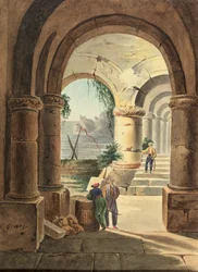 Vista do mar através de um claustro de 1829 (wc no cartão)