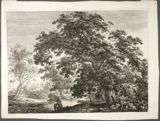 Pescador numa paisagem arborizada