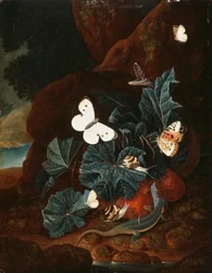 Uma natureza morta no chão da floresta com um lagarto, borboletas, caracol e uma cobra (óleo no painel)