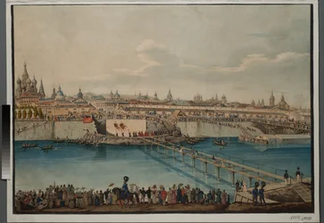 Cerimônia de colocação da pedra angular para a ponte Moskvoretsky em Moscou, 1830.