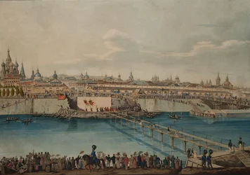 Cerimônia de colocação da pedra angular para a ponte Moskvoretsky em Moscou, 1830.