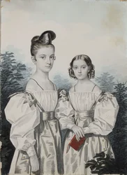 Retrato das irmãs Anna Petrovna 1822-1905 e Elena Petrovna 1824-1860 Ushakov, década de 1830.