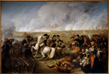 Imperador Napoleão I (1769-1821) na Batalha de Wagram em 5/07/1809. À direita, dois soldados ajudaram o General Joseph Marie Dessaix (1764-1834), ferido durante a batalha. Pintura de Antoine Carle Vernet (1758-1836)