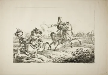 Hussar descarregando sua pistola em um dragão alemão