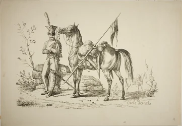 Lancer a pé caminhando ao lado de seu cavalo