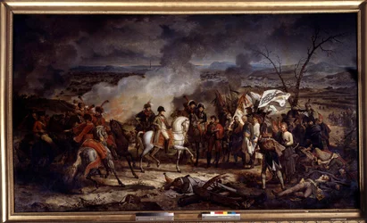 Guerra Napoleônica: "Imperador Napoleão I (1769-1821) durante a Batalha de Austerlitz em 2/12/1805. Pintura de Antoine Vernet (1758-1836) 1805 Boissy Saint Leger. Château De Grosbois