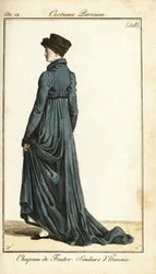 Mulher de chapéu de feltro, casaco longo, chinelos masculinos, Paris