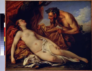 Júpiter e Antiope. Pintura por Carle Van Loo (1705-1765). Óleo sobre tela, 50 x 72 cm, ca. 1753. Escola francesa, arte rococó. Museu Hermitage, São Petersburgo.