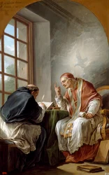 "São Gregório, conhecido como Gregório I, o Grande (540-604), Papa e Doutor da Igreja, ditando as suas Homilias, inspirado pelo Espírito Santo, simbolizado por uma pomba. Pintura de Carle Van Loo (1705-1765) 1764 Dim. 101x75,2 cm Coleção particular