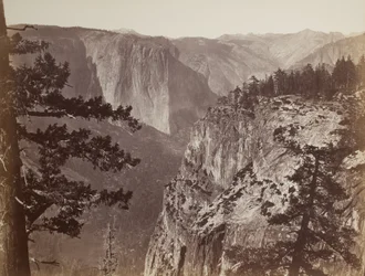 Primeira vista do vale de Yosemite da trilha de Mariposa, 1865-66