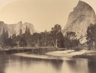 Vista do rio, descendo o vale, Cathedral Rock à esquerda, 1861, Yosemite.