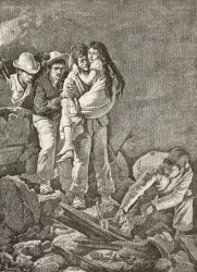 Uma rapariga é resgatada após o colapso da sua casa, sismo de Casamicciola, Itália, gravura de um desenho de E Sanesi e uma pintura de Carlo Ademollo (1824-1911), de L