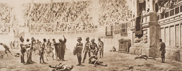 O Monge Almachius tentando parar o Combate Gladiatório, ilustração de "O Esboço da História" por HG Wells, Volume II, publicado em 1920