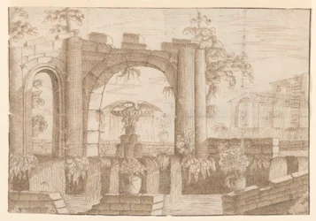 Um jardim com arco em ruínas
