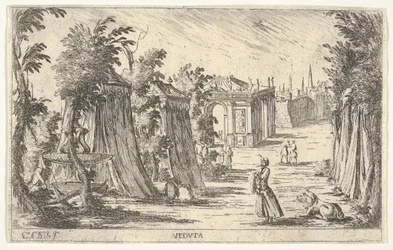Vista com um homem de turbante e um leão à direita, tendas e arquitetura clássica..., 1680-1710.