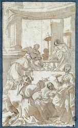 O Adorado da Sagrada Família por Santos Charles Borromee (1538-1584), François de Assis (1182-1226), Claire de Assis (1194-1253) e Lúcia Desenho em Tinta e Lavagem por Carlo Bononi (1569-1632) Sol. 0,26 x 0,15 m Paris. Museu do Louvre