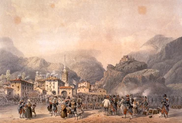 Acampamento francês em Susa em 1859, por Carlo Bossoli (1815-1884), gravura. Segunda Guerra da Independência, Itália do século XIX.