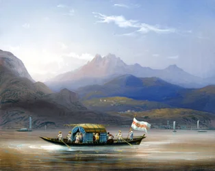 Lago Como. Um barco. Ao fundo, pode ver o Monte Groma, por volta de 1830. A pintura Bossoli. Como, al privado.