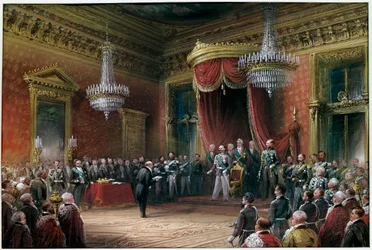 Risorgimento - Carlo Farini (1812-1866) apresenta a Victor Emmanuel II (Victor Emmanuel) (Vittorio Emanuele) (1820-1878) o pacto de anexação da Emilia Romagna em 1860 (óleo sobre tela)