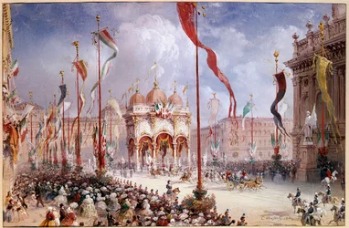 Risorgimento - Victor-Emmanuel II (Victor-Emmanuel) (Vittorio Emanuele) (1820-1878) na abertura do Parlamento italiano em 04/02/1860 (óleo sobre tela)