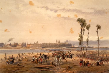 Os franceses passando a Sesia em Vercelli em 1859, por Carlo Bossoli (1815-1884), gravando. Segunda Guerra da Independência, Itália