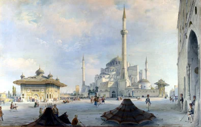 A mesquita de Constantinopla: Santa Sofia (Hagia Sofia). Pintura de Carlo Bossoli