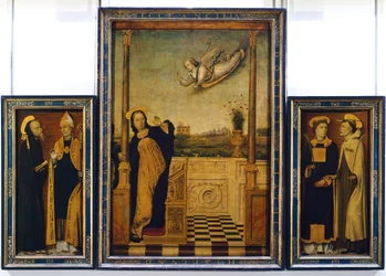 Altarpe de Anunciação com São Bento, Santo Agostinho, Santo Estêvão e Santo Ângelo por Charles Bracesco
