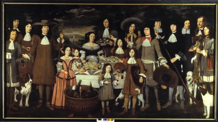 Retrato de uma família ou "Beber durante uma caça de caça". Pintura por Carlo Cane (1618-1688). Pintura do século XVII. Pinacoteca del Castello Sforzesco Milão