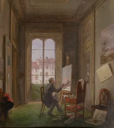 O pintor Giuseppe Canella no trabalho em uma tela em seu estúdio, c.1830
