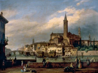 Vista ao longo do rio Adige em Verona, com a Igreja de Santa Anástia em fundo