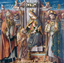 Alemão: Nossa Senhora Entronizada com o Menino, a entrega das chaves a São Pedro Apóstolo e com São João Capistrano, São Emídio, São Francisco, São Luís de Toulouse, o Beato Giacomo della Marca e um bispo Nossa Senhora Entronizada com o Menino, a entrega d